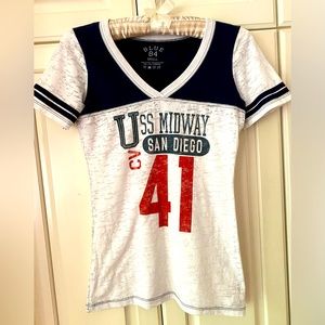Blue 84 V-Neck USS Midway Print Tee Shirt White Navy Short Sleeves Womens S